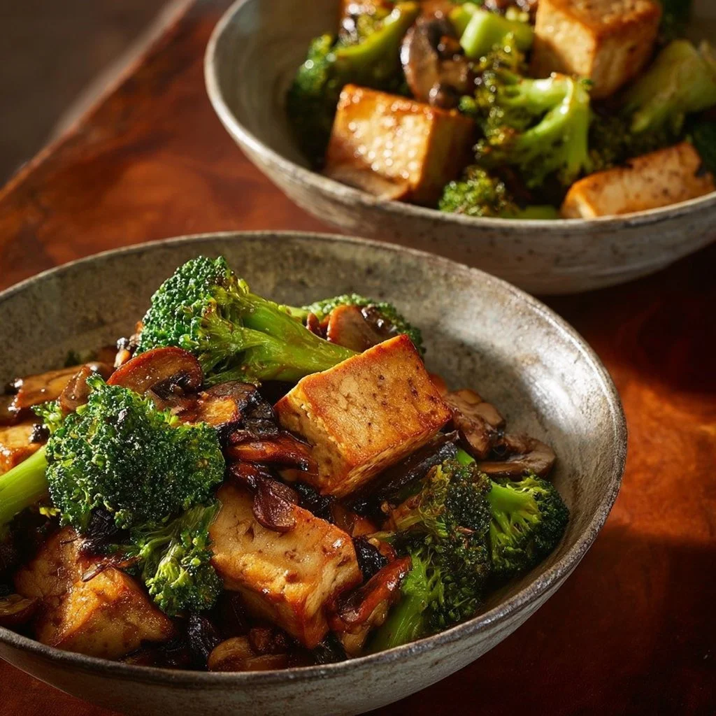Mushroom Tofu Stir-Fry served in a bowl with colorful vegetables