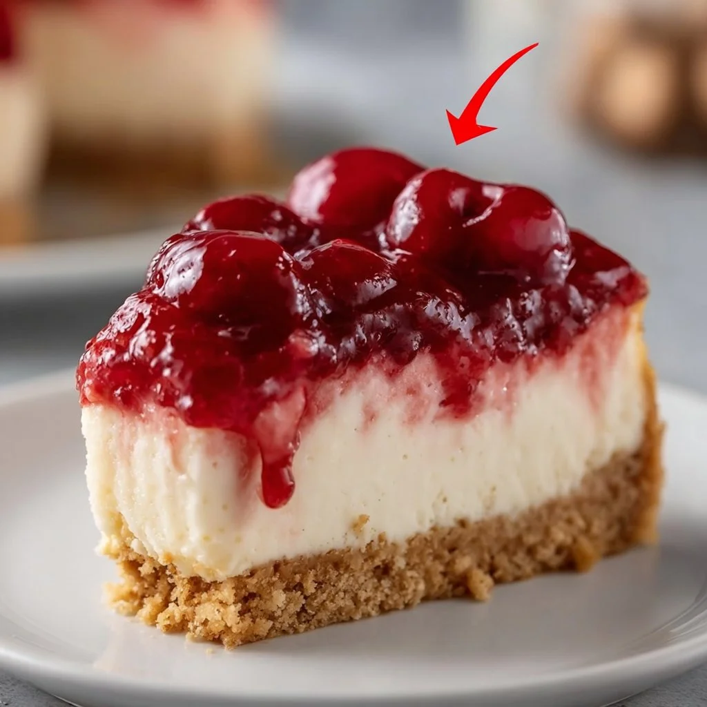 No Bake Cherry Cheesecake topped with fresh cherries and whipped cream