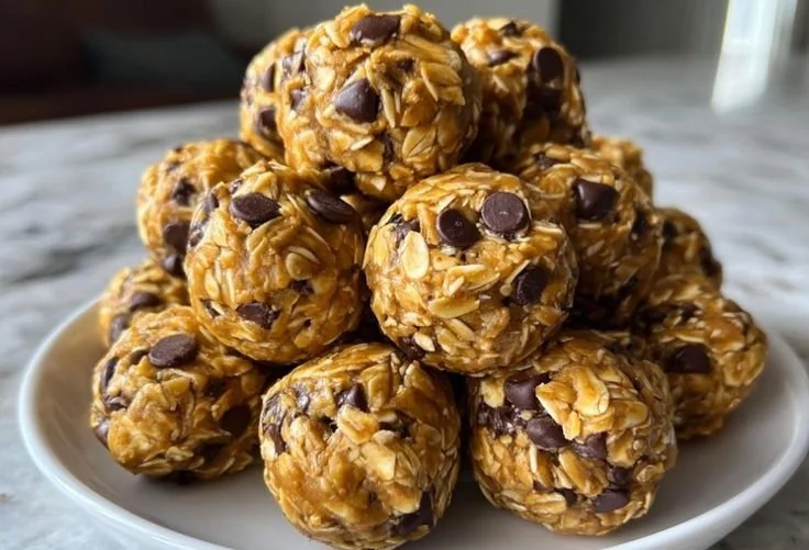 No-Bake Chocolate Peanut Butter Protein Balls 4 No-bake chocolate peanut butter protein balls on a plate