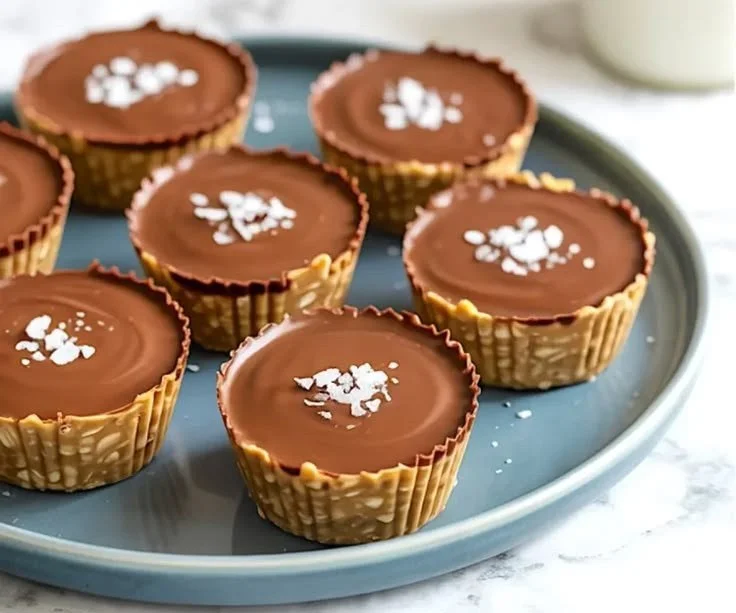 Delicious no-bake peanut butter oat cups with oats and chocolate topping