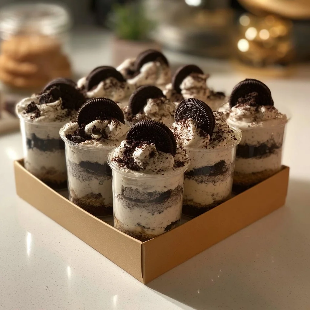 Delicious Oreo cheesecake shooters served in mini glasses