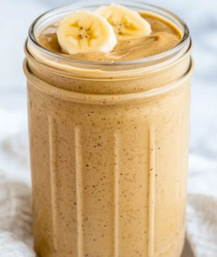 Delicious Peanut Butter Banana Smoothie in a glass with a straw