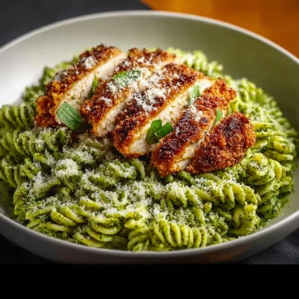 Delicious pesto pasta with crispy Parmesan chicken served in a bowl.