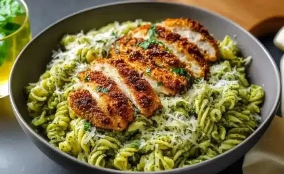 Pesto Pasta with Crispy Parmesan Chicken
