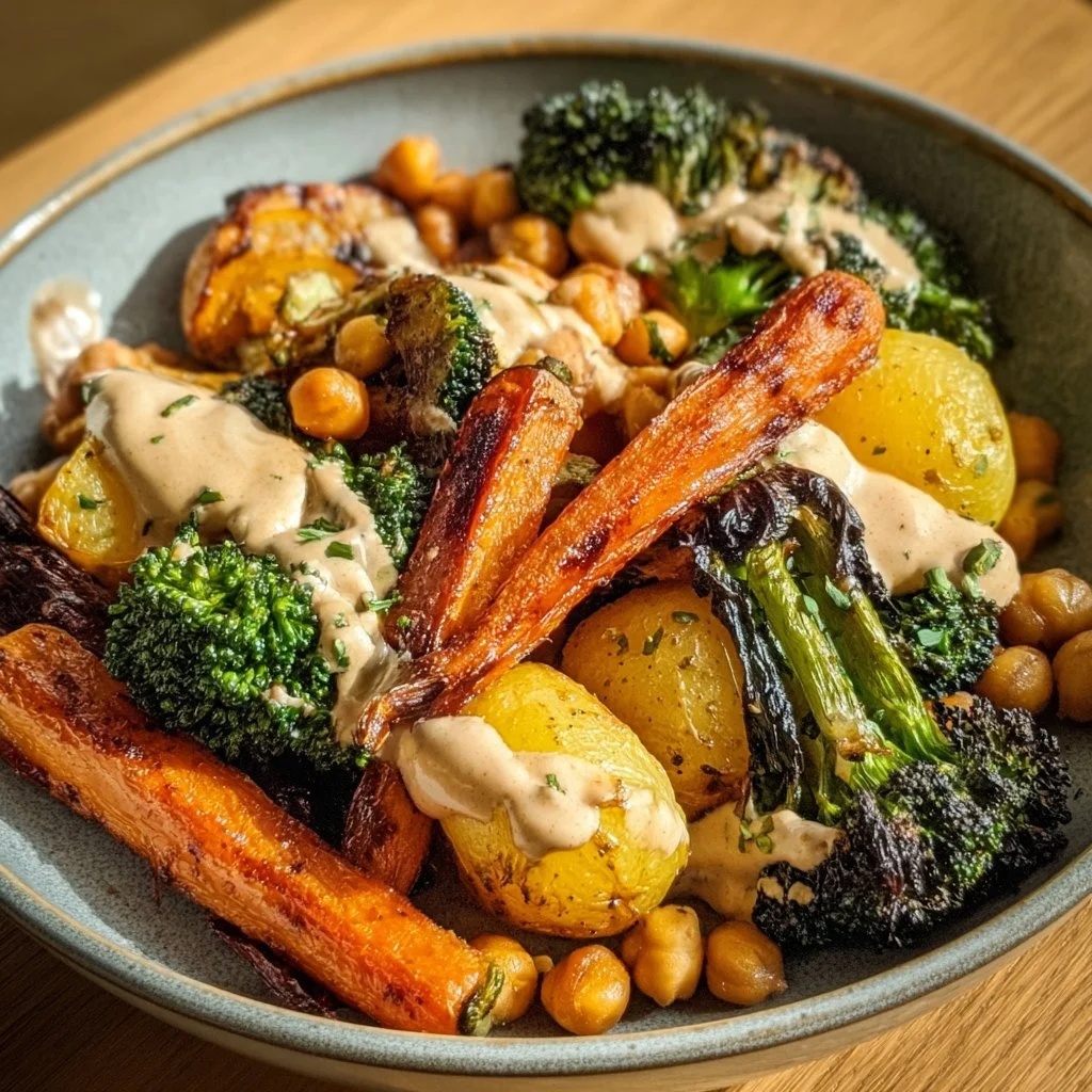 Delicious roasted vegetable and chickpea bowl topped with fresh herbs.
