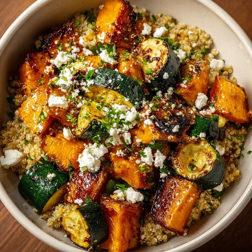 Roasted Vegetable Quinoa Bowl 3 Colorful roasted vegetable quinoa bowl topped with fresh herbs and spices.