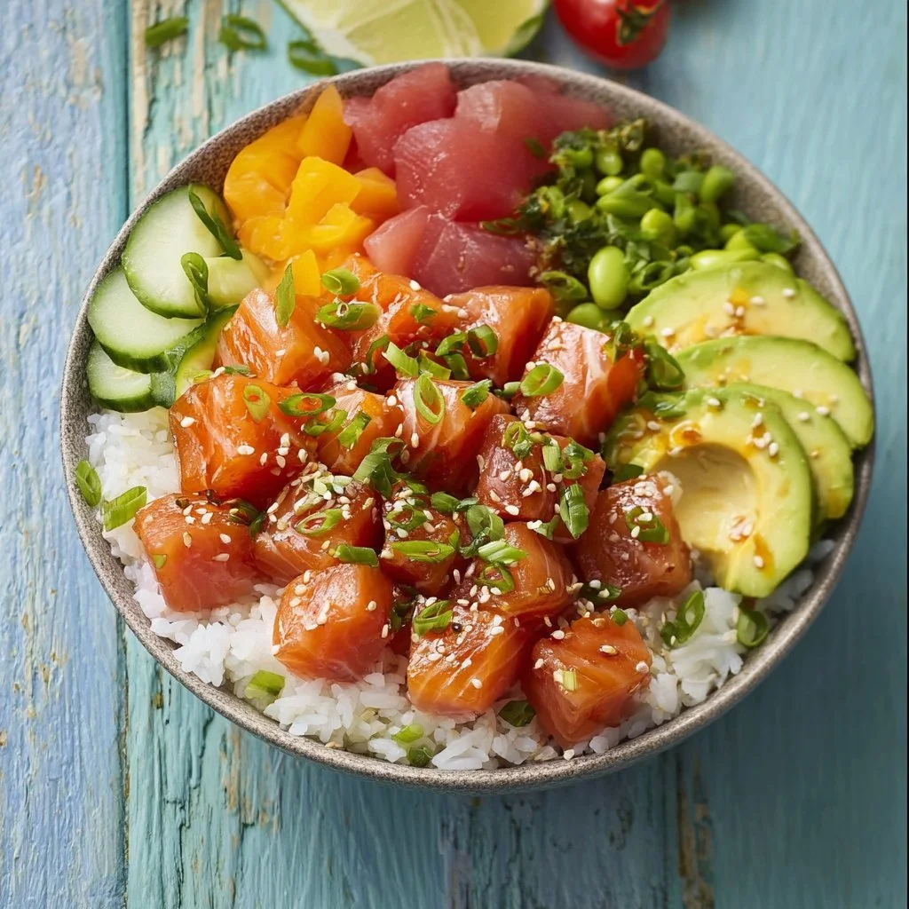 Salmon and Avocado Poke Bowl with fresh ingredients and vibrant colors