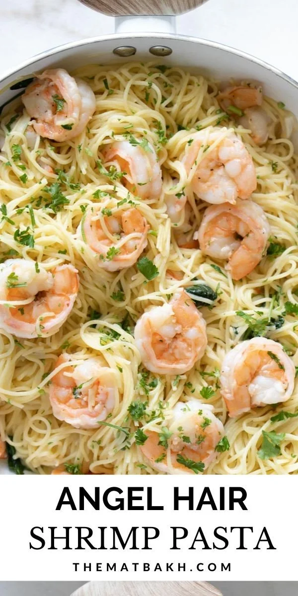 Sautéed lemon garlic butter shrimp pasta dish garnished with parsley