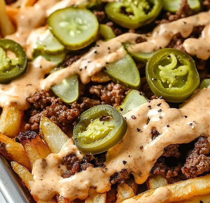 Savory Smash Burger Fries 4 Savory smash burger fries served with a delicious dipping sauce.