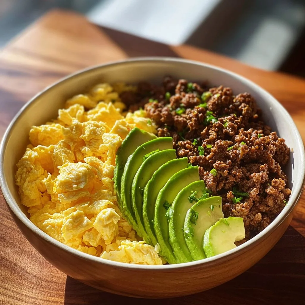 Scrambled Egg, Avocado & Ground Beef Power Bowl 4 Scrambled egg, avocado, and ground beef power bowl