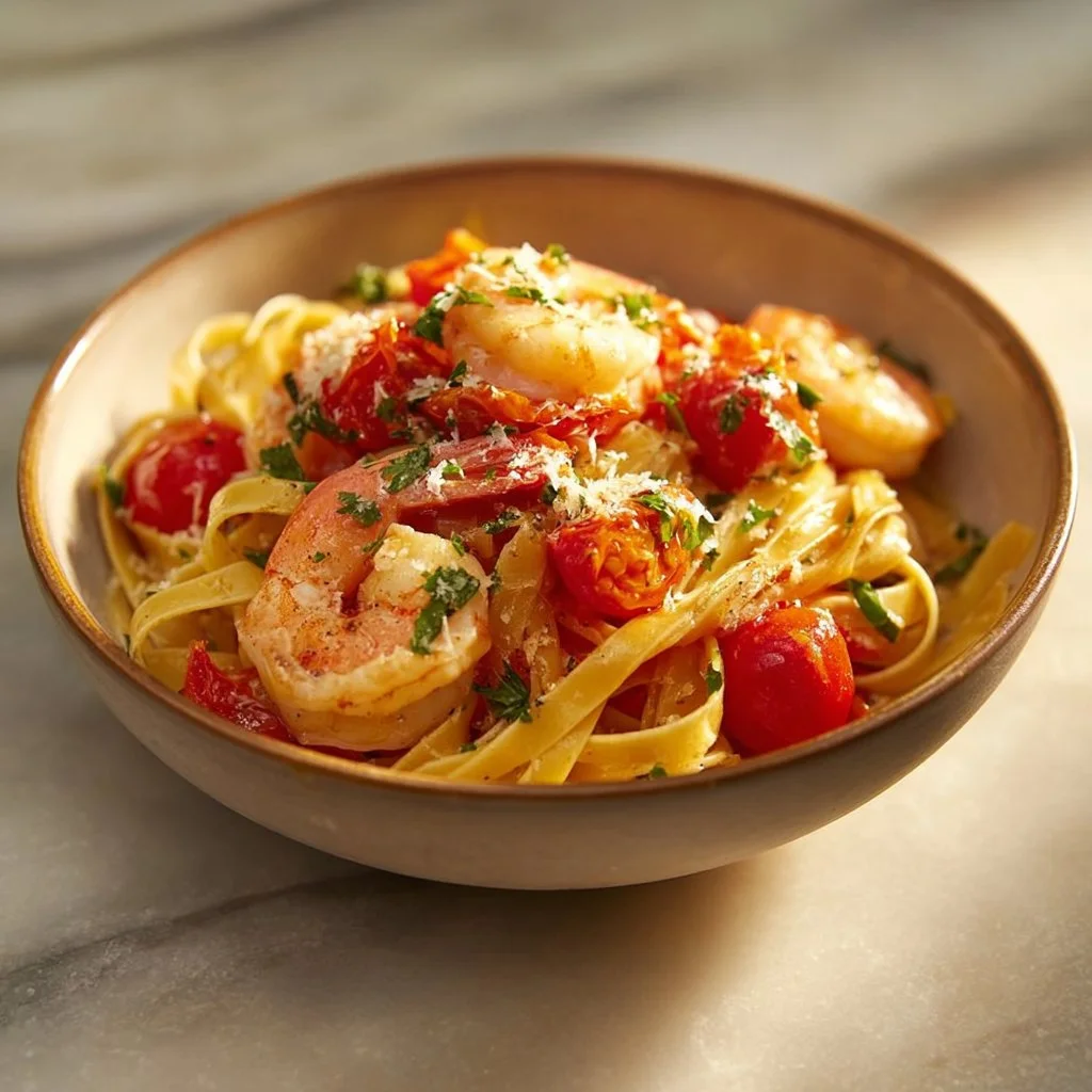 Delicious plate of spicy garlic shrimp pasta garnished with parsley