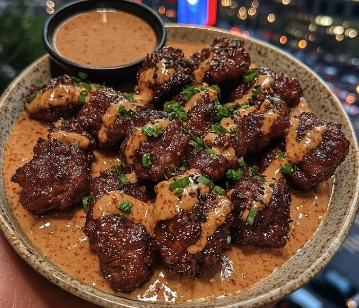 Spicy Korean Beef Bites with Gochujang Dipping Sauce 4 Spicy Korean beef bites served with gochujang dipping sauce on a plate.