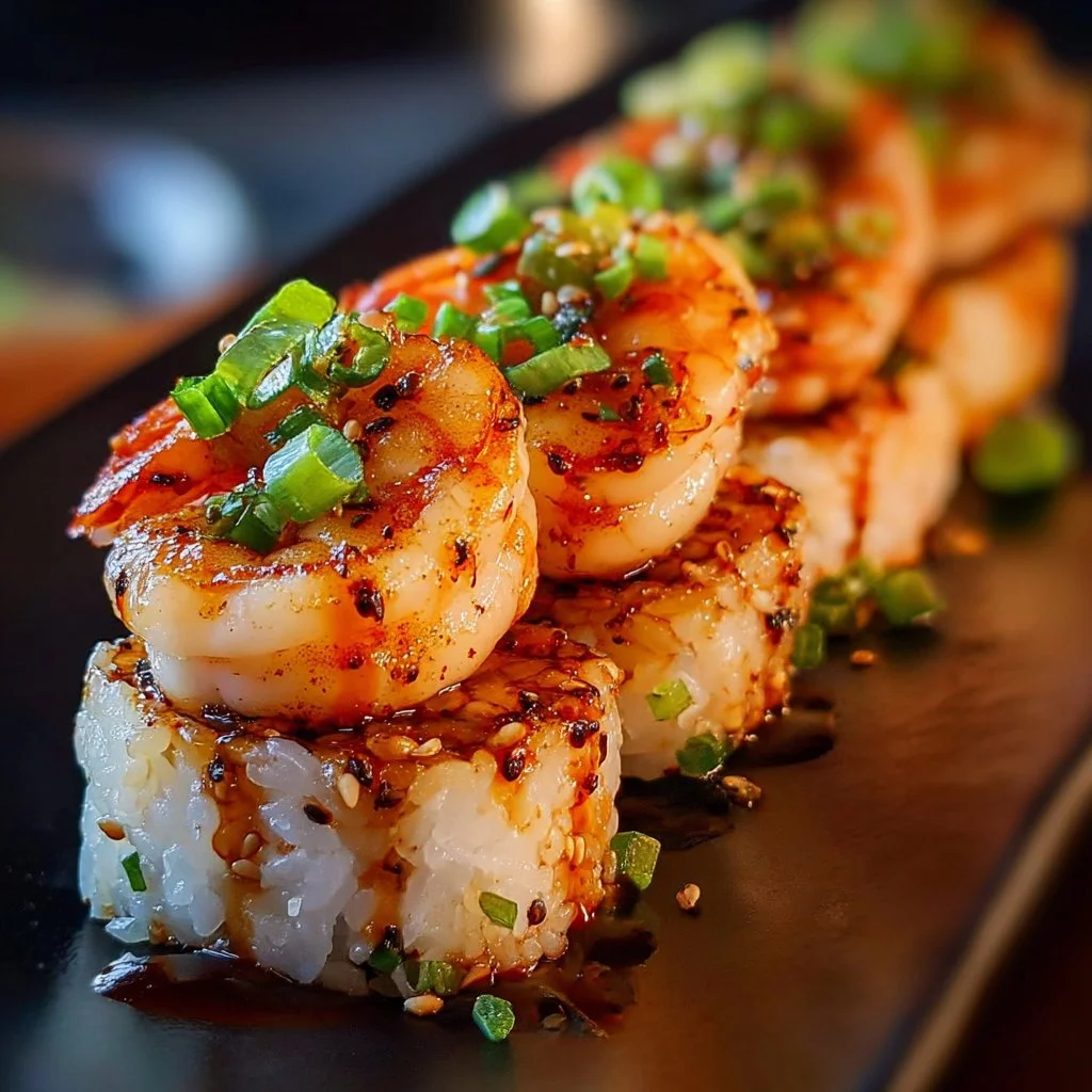 Spicy shrimp sushi stacks beautifully arranged on a plate.