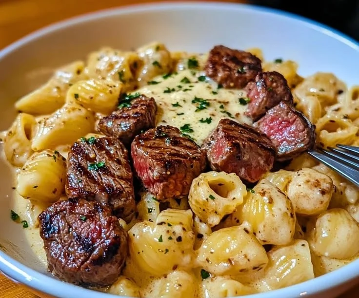 Steak Bites and Shell Pasta in Garlic Butter Alfredo Sauce