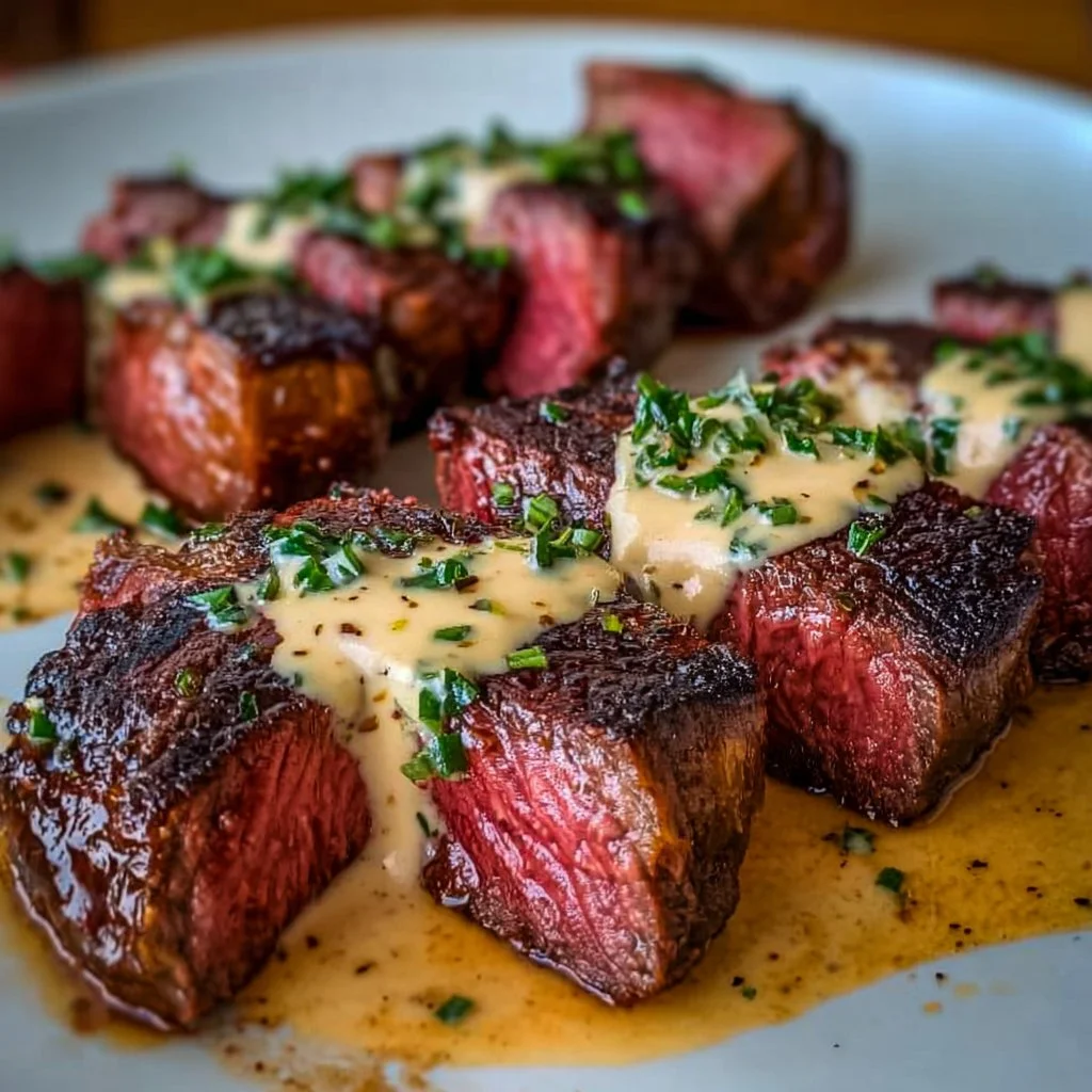 Juicy steak drizzled with creamy garlic sauce on a plate