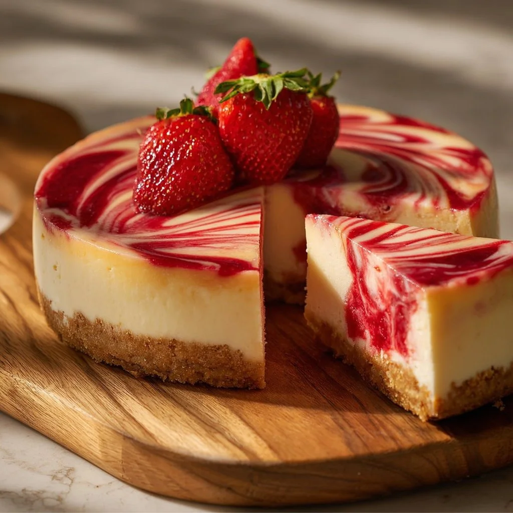 Strawberry Swirl Cheesecake 4 Delicious strawberry swirl cheesecake slice topped with fresh strawberries