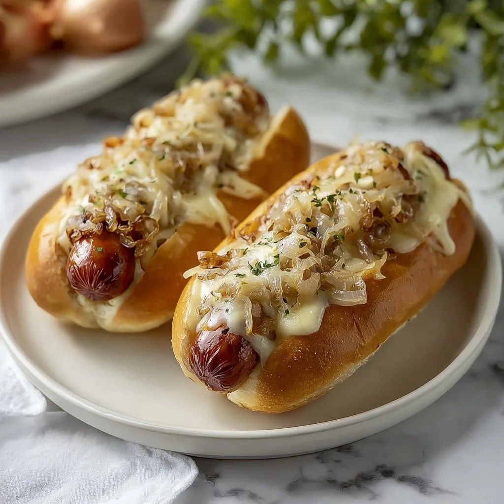 Delicious caramelized onions served on hotdogs