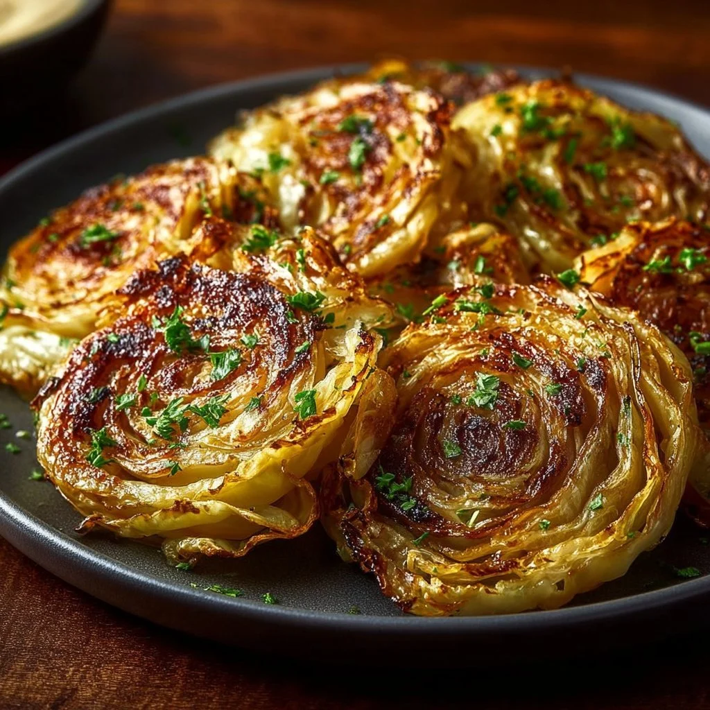 Deliciously roasted cabbage steaks on a plate, garnished with herbs.
