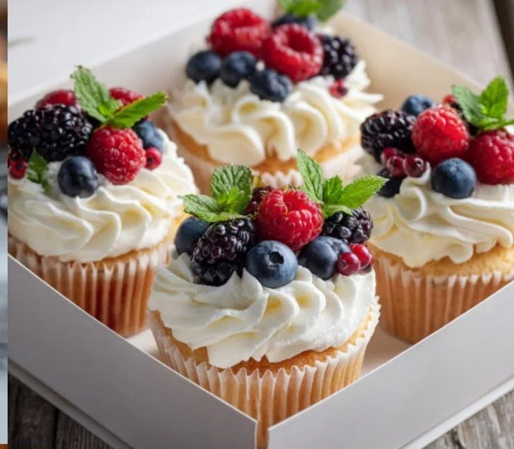 Delicious Vanilla Berry Cupcakes topped with whipped cream frosting.