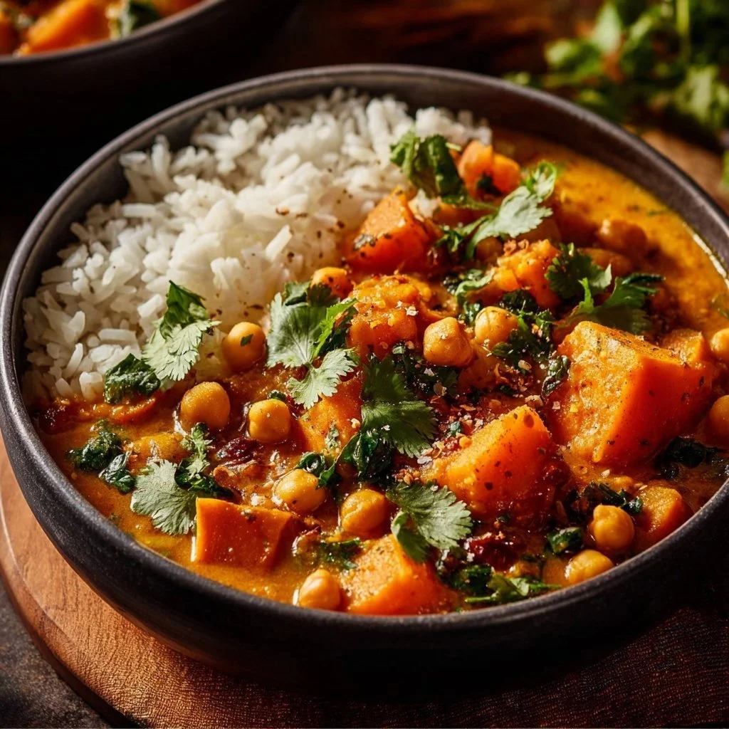 Bowl of sweet potato and chickpea curry with spices and herbs
