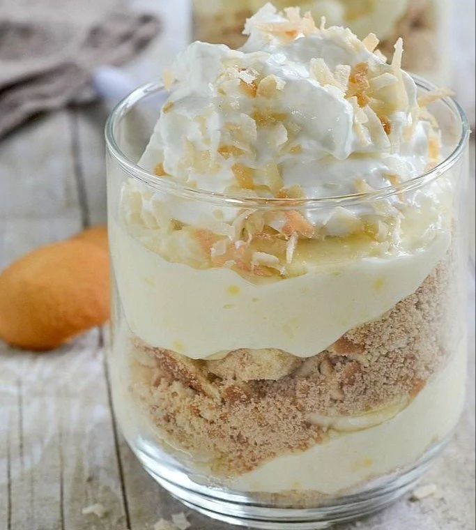 Delicious Banana Cream Pie Yogurt Parfait layered with bananas and cream.