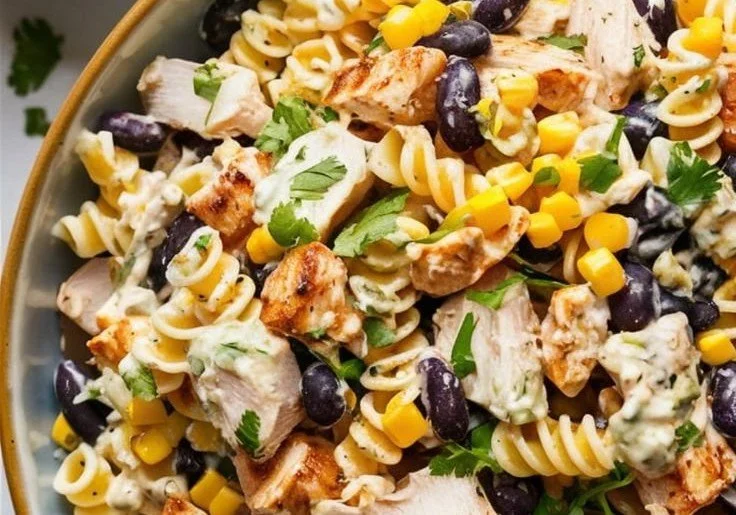BBQ Chicken Pasta Salad served in a bowl with fresh ingredients