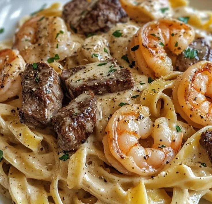 Cajun Shrimp and Steak Alfredo Pasta