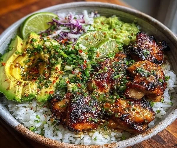 Chicken and Rice Bowl 4 Delicious Chicken and Rice Bowl topped with fresh vegetables and spices