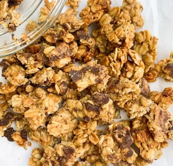 A bowl of Chunky Monkey Granola featuring banana and nut mix for a healthy snack.