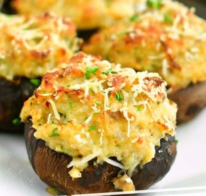 Crab Stuffed Mushrooms 4 Plate of delicious crab stuffed mushrooms ready to serve.
