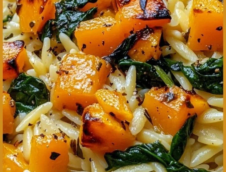 Creamy orzo dish topped with roasted butternut squash and fresh spinach