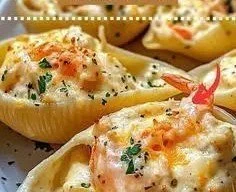 Creamy Seafood Stuffed Shells 4 Plate of creamy seafood stuffed shells with a rich sauce and garnished herbs