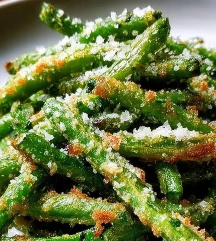 Crispy garlic parmesan green beans served in a bowl, garnished with herbs.