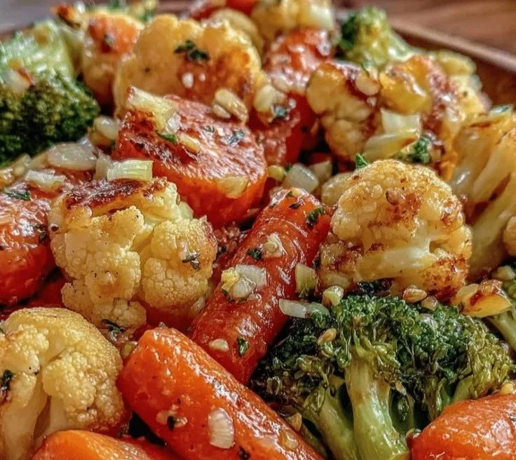 Crispy roasted frozen vegetables served in a bowl with herbs
