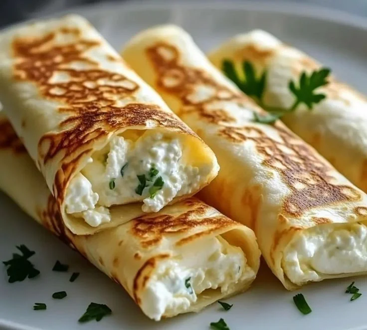 Plate of delicious cottage cheese wraps filled with fresh vegetables