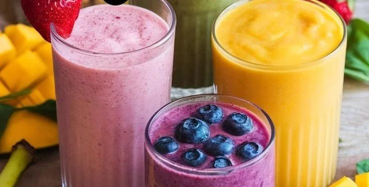 A colorful fruit smoothie made with fresh fruits like berries and bananas