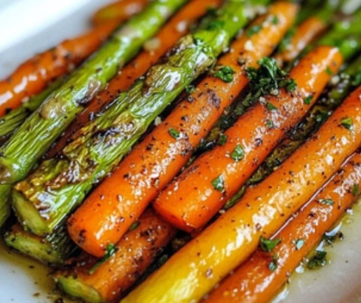 Garlic Roasted Asparagus and Carrots 4 Garlic roasted asparagus and carrots served on a platter.