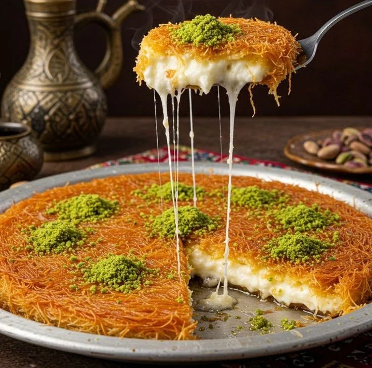 Plate of gooey kunafa topped with syrup and pistachios