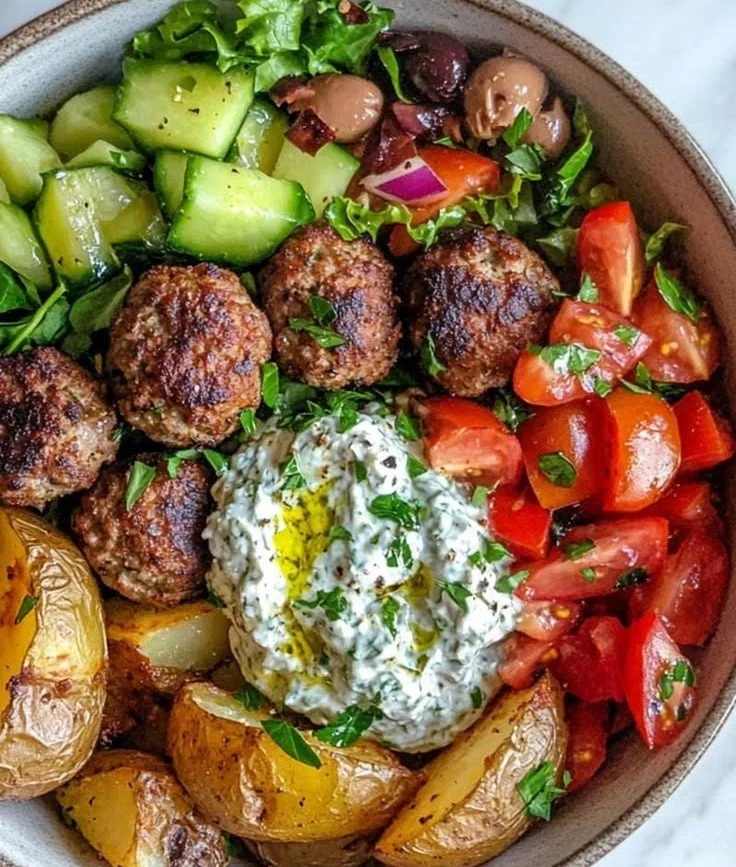 Delicious Greek meatball bowl with herbs, vegetables, and sauce