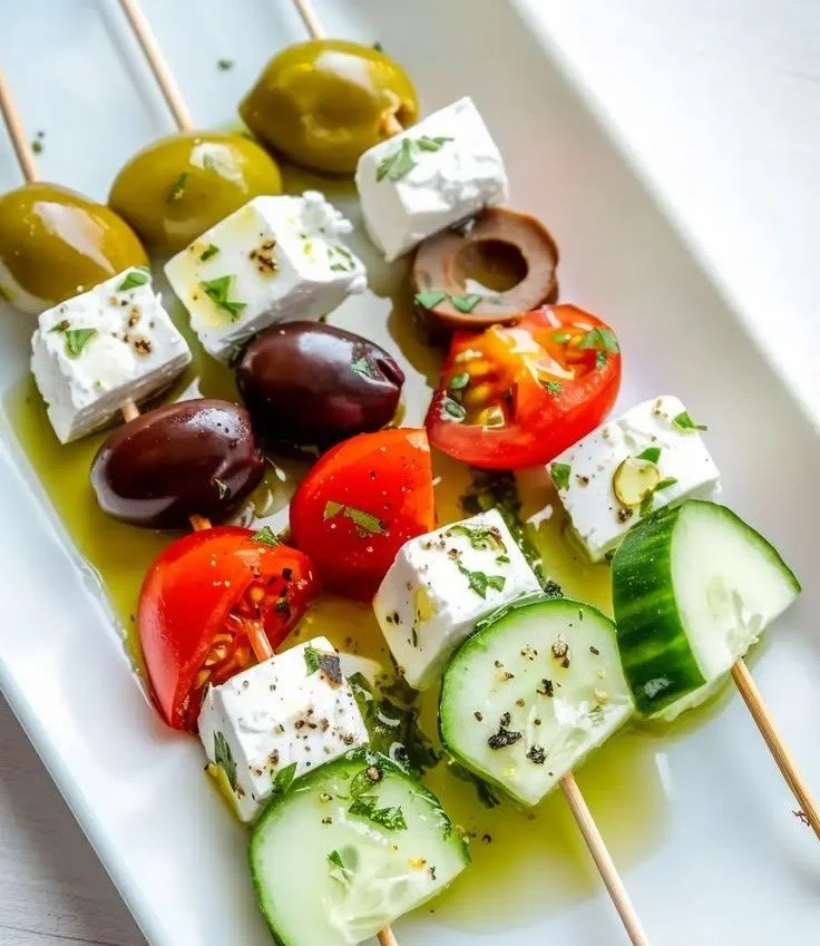 Colorful Greek Salad Skewers with tomatoes, cucumbers, and feta cheese.