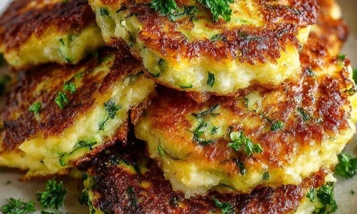 Plate of healthy zucchini fritters with fresh garnish