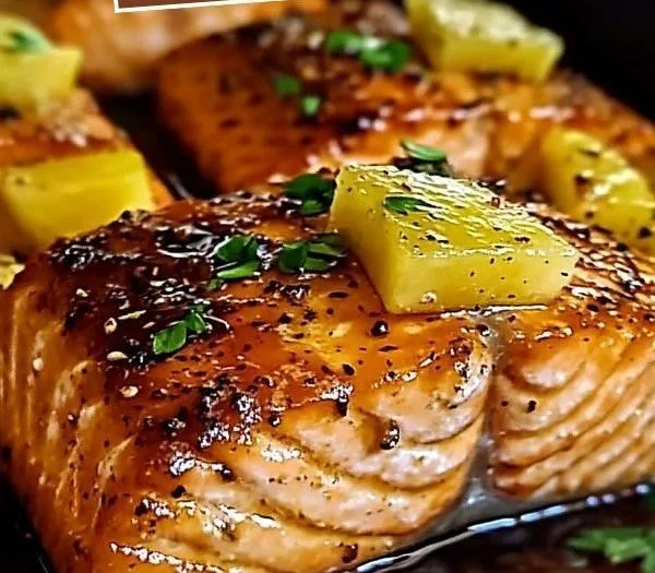 Delicious Honey Pineapple Salmon plated with colorful vegetables