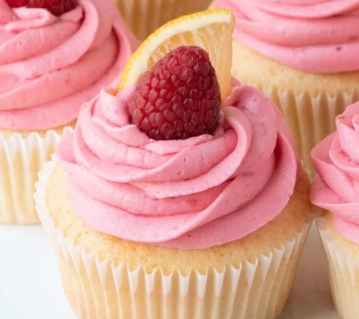 Lemon Cupcakes with Raspberry Buttercream Frosting 4 Lemon cupcakes decorated with raspberry buttercream frosting