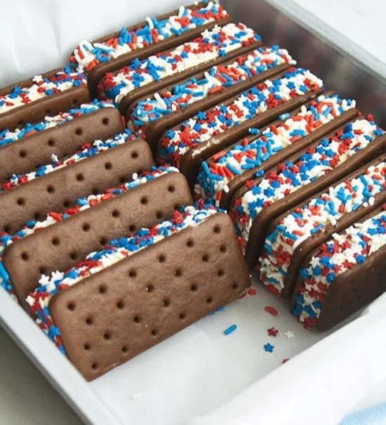 Patriotic ice cream sandwiches in red, white, and blue colors for celebrations
