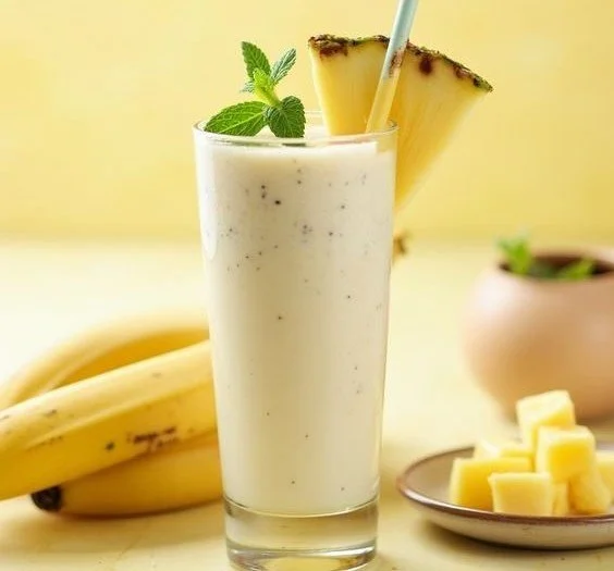 Refreshing Pineapple Banana Drink in a glass with tropical garnishes