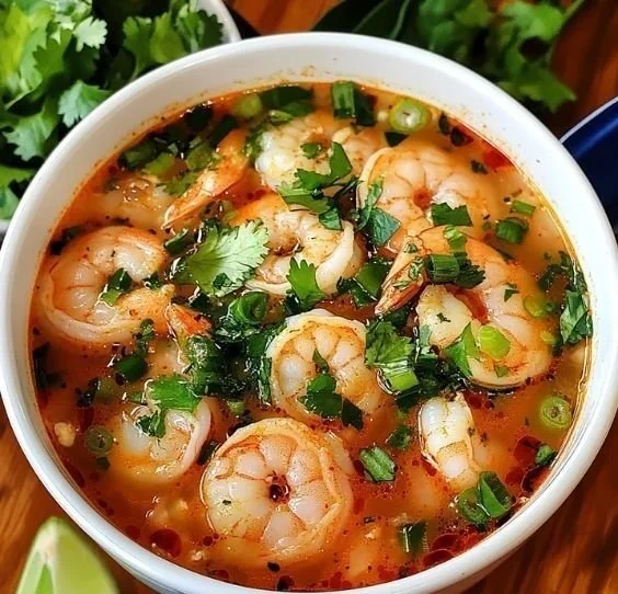 Bowl of quick and spicy shrimp soup garnished with herbs