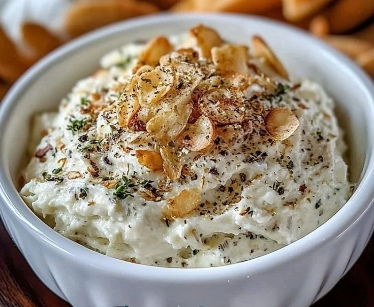 Delicious roasted garlic dip served in a bowl with fresh herbs