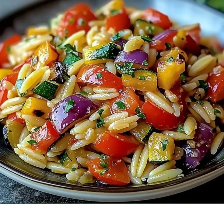 Bowl of roasted vegetable orzo with colorful veggies and herbs