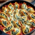 Savory spinach and ricotta stuffed shells in a rich tomato sauce