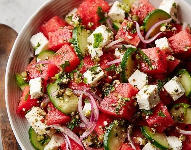 Fresh Watermelon Feta Salad served in a bowl with mint leaves
